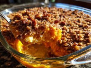 A spoonful of creamy orange southern sweet potato casserole being lifted from a glass dish, showing a crunchy pecan topping.