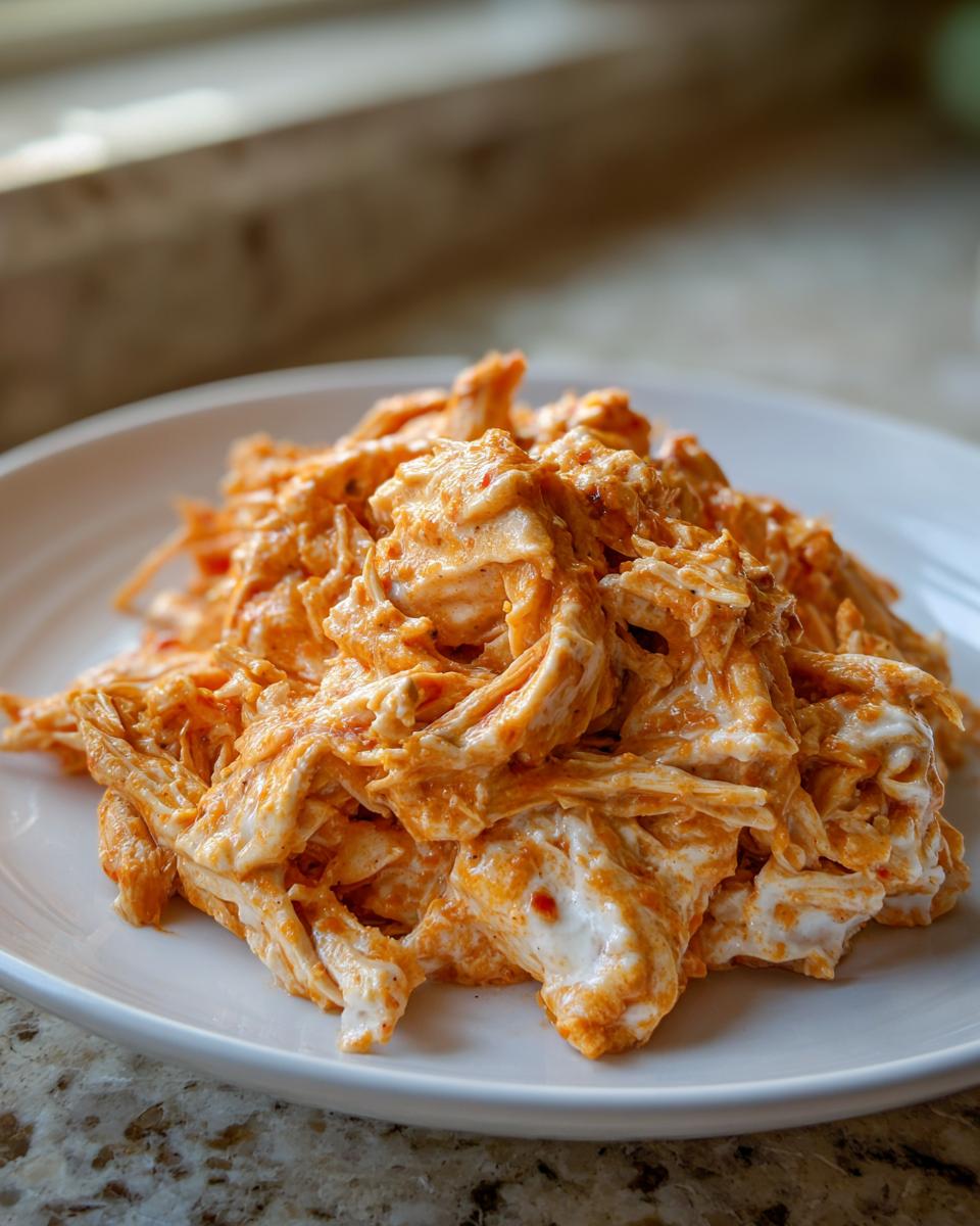 A close-up of shredded chicken coated in a creamy, orange sauce, representing crockpot marry me chicken, served on a white plate.
