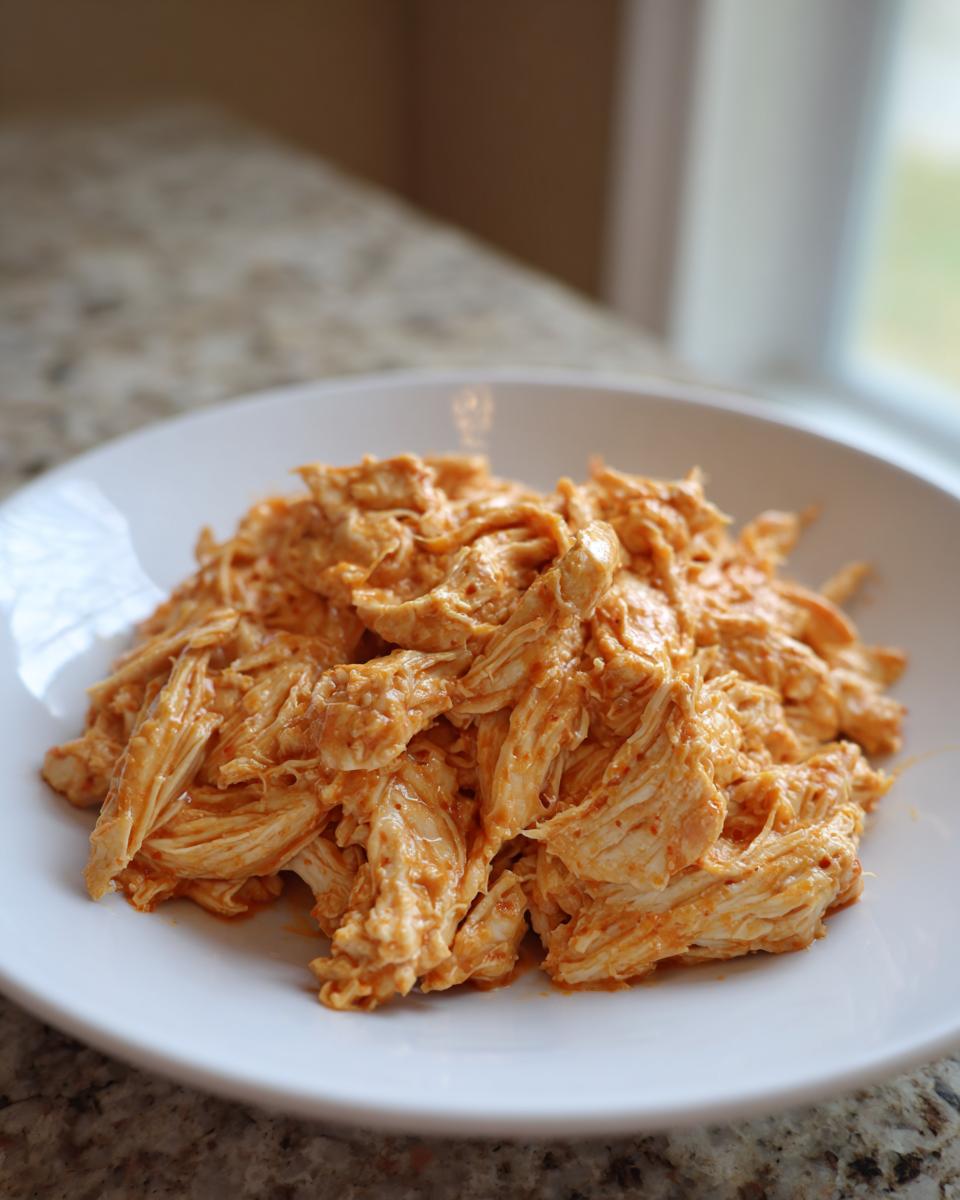 Close-up of shredded chicken coated in a creamy orange sauce, representing crockpot marry me chicken, served on a white plate.