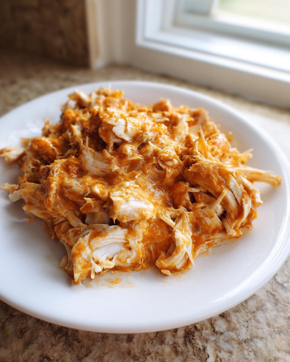 A close-up of shredded chicken coated in a creamy orange sauce, representing crockpot marry me chicken, served on a white plate.