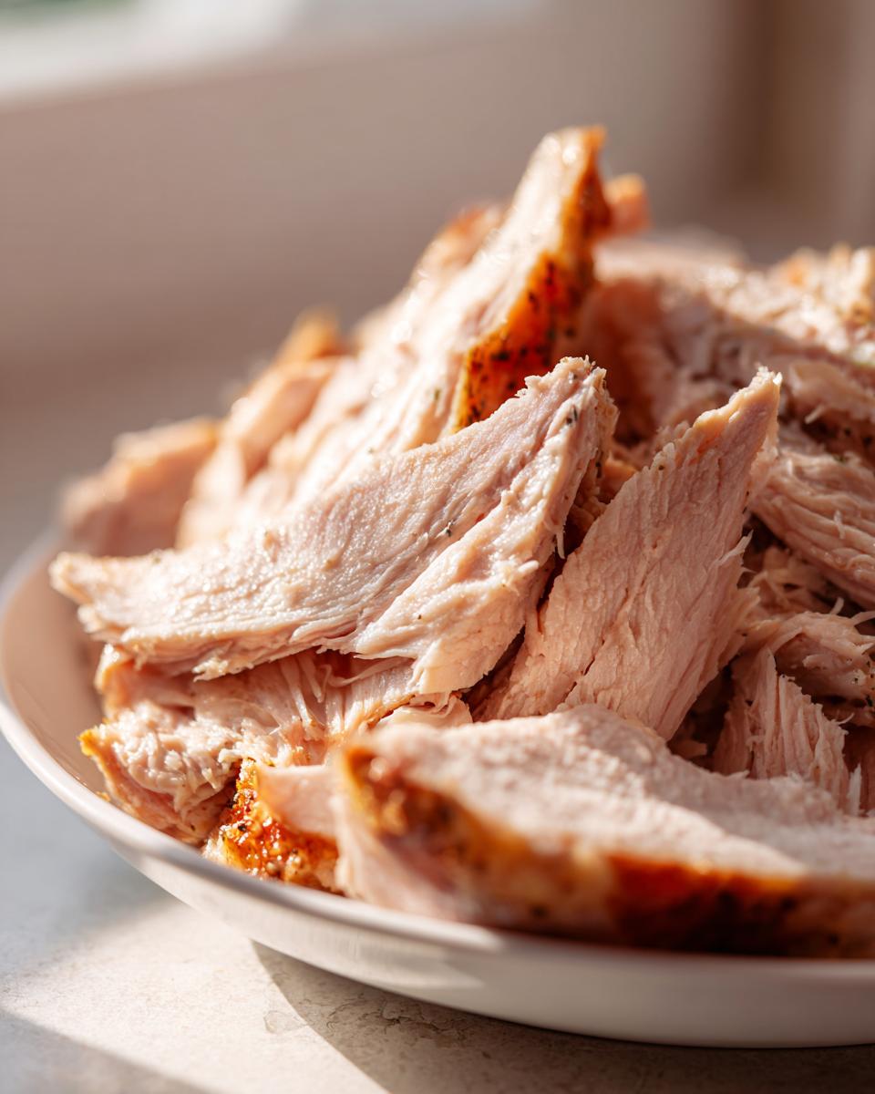 Close-up of tender, shredded pieces of juicy slow cooker turkey breast piled on a white plate.