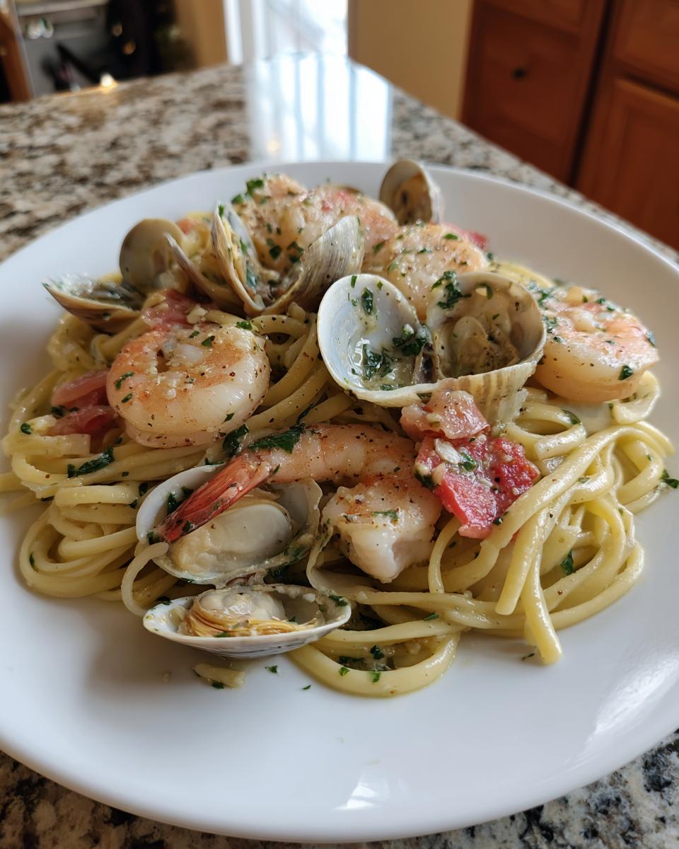 A close-up of a white plate filled with delicious seafood pasta featuring shrimp, clams, linguine, and a light sauce.