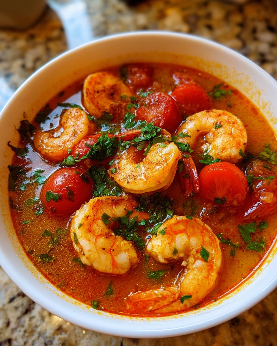 Close-up of a white bowl filled with rich, red-orange Tom Yum soup featuring large seasoned shrimp and cherry tomatoes, garnished with fresh herbs.