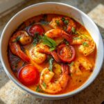 Close-up of a white bowl filled with bright orange Tom Yum soup, featuring large shrimp and halved cherry tomatoes.