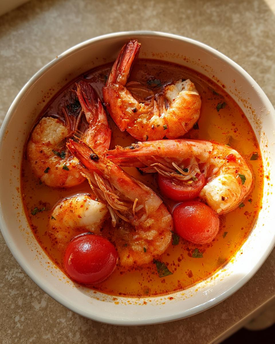 Overhead view of a white bowl filled with spicy, orange broth, large shrimp, and bright red cherry tomatoes, characteristic of tom yum soup.
