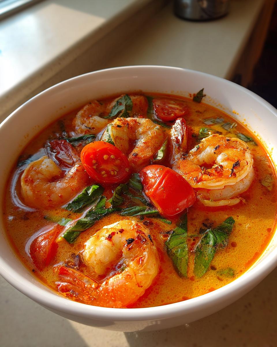Close-up of a white bowl filled with vibrant orange Tom Yum soup featuring large grilled shrimp and halved cherry tomatoes.