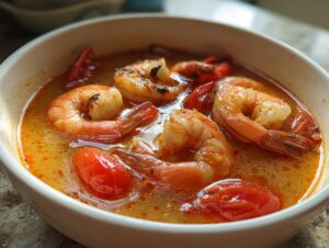 A close-up shot of vibrant, creamy orange Tom Yum soup filled with large, cooked shrimp and bright red cherry tomatoes.