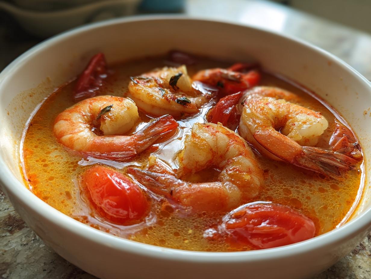 A close-up shot of vibrant, creamy orange Tom Yum soup filled with large, cooked shrimp and bright red cherry tomatoes.