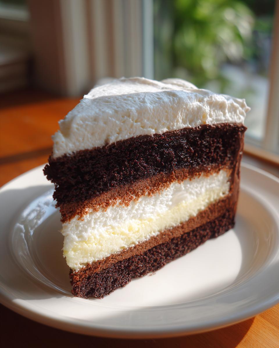 A decadent slice of 3-layer italian love cake featuring dark chocolate layers and creamy white filling, topped with thick frosting.
