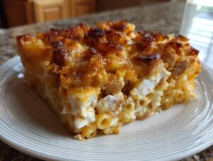 A close-up slice of creamy chicken noodle casserole featuring elbow macaroni, white chicken pieces, and a golden-brown, crispy cheese topping.