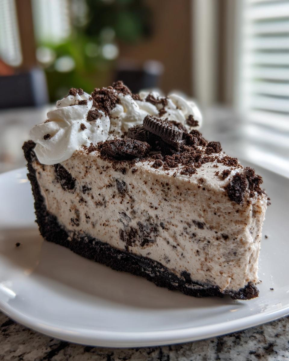 A generous slice of cookies and cream ice cream pie with a dark crust, topped with whipped cream and cookie crumbles.