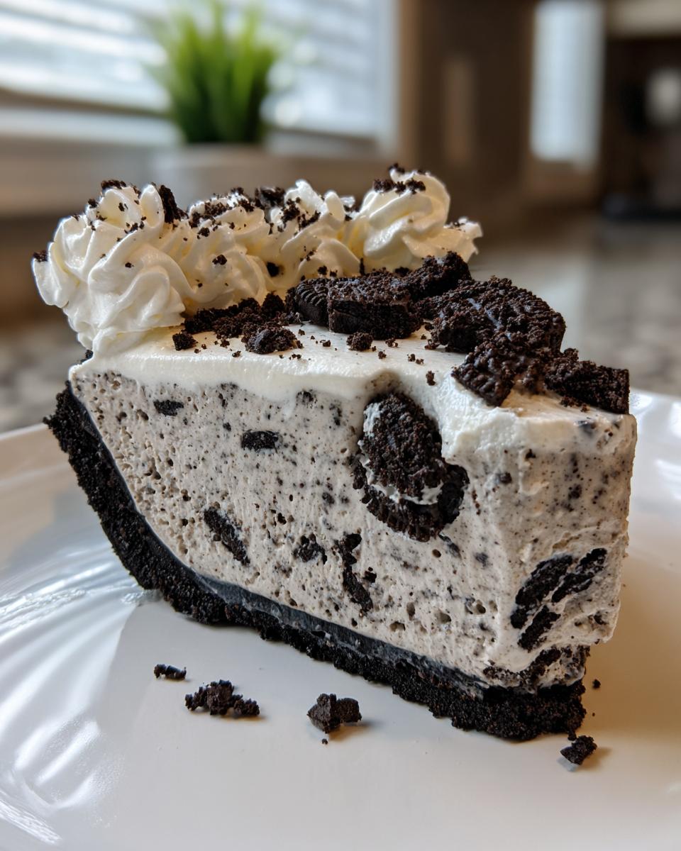 A close-up of a decadent slice of cookies and cream ice cream pie on a white plate, topped with whipped cream and cookie crumbles.