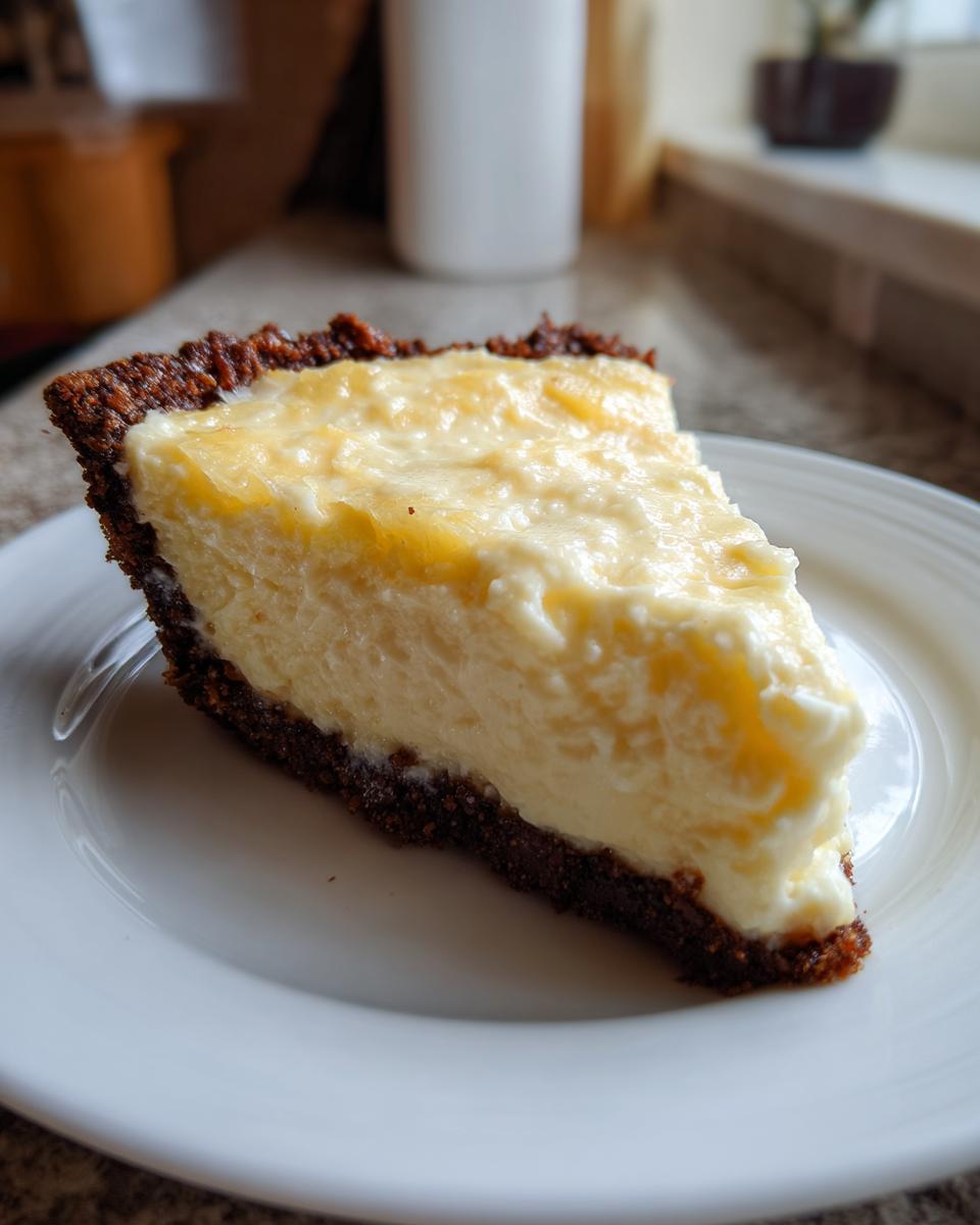 A thick slice of rich, creamy Million Dollar Pie with a dark chocolate crust served on a white plate.