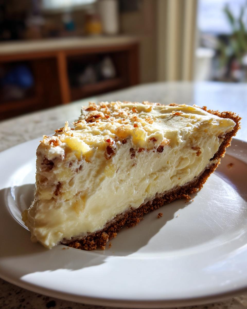 A thick slice of creamy Million Dollar Pie with a dark graham cracker crust, served on a white plate.