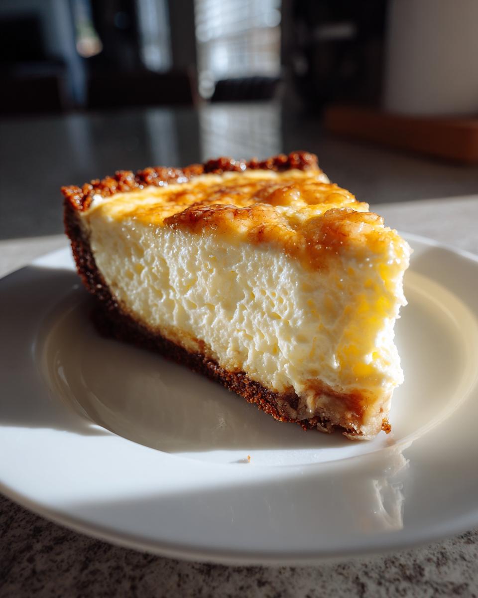 A close-up, sunlit slice of creamy Million Dollar Pie with a dark crust on a white plate.
