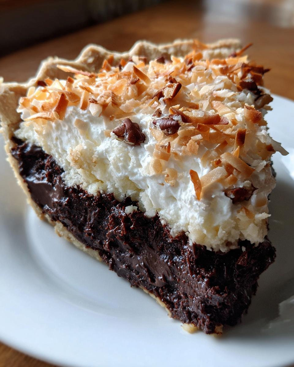 A close-up of a decadent slice of german chocolate pie showing rich chocolate filling, whipped topping, and toasted coconut and pecans.