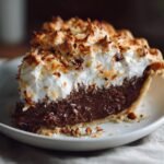 A decadent slice of german chocolate pie featuring a rich chocolate filling, fluffy toasted meringue, and toasted coconut.