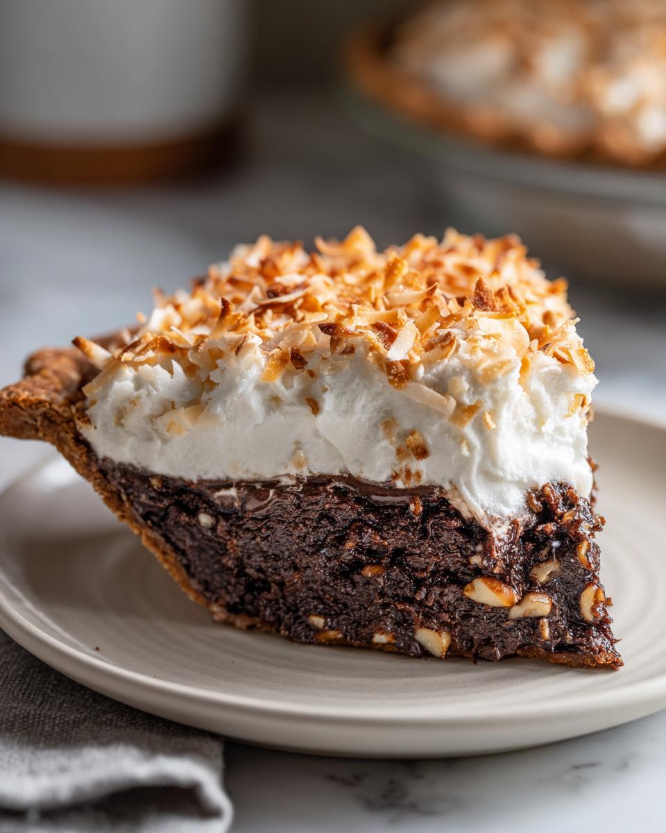 Close-up of a rich slice of german chocolate pie featuring a dark chocolate filling with nuts, topped with whipped cream and toasted coconut.