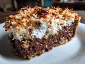 Close-up of a slice of amazing german chocolate pie showing rich chocolate filling, meringue, and toasted coconut pecan topping.