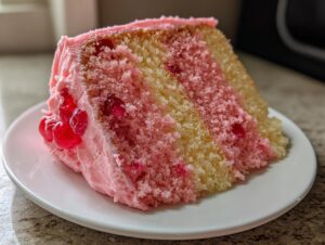 A close-up of a moist slice of layered cherry cake featuring pink and yellow sponge, topped with pink frosting and candied cherries.