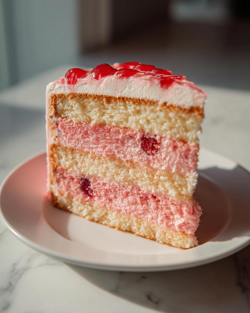 A tall slice of layered cherry cake featuring vanilla sponge, pink cherry cream filling, and topped with glazed cherries.