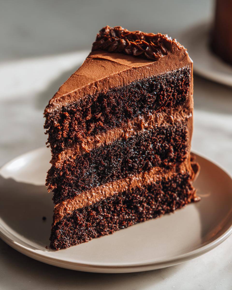 A tall slice of moist chocolate cake featuring three dark layers separated by thick chocolate frosting.