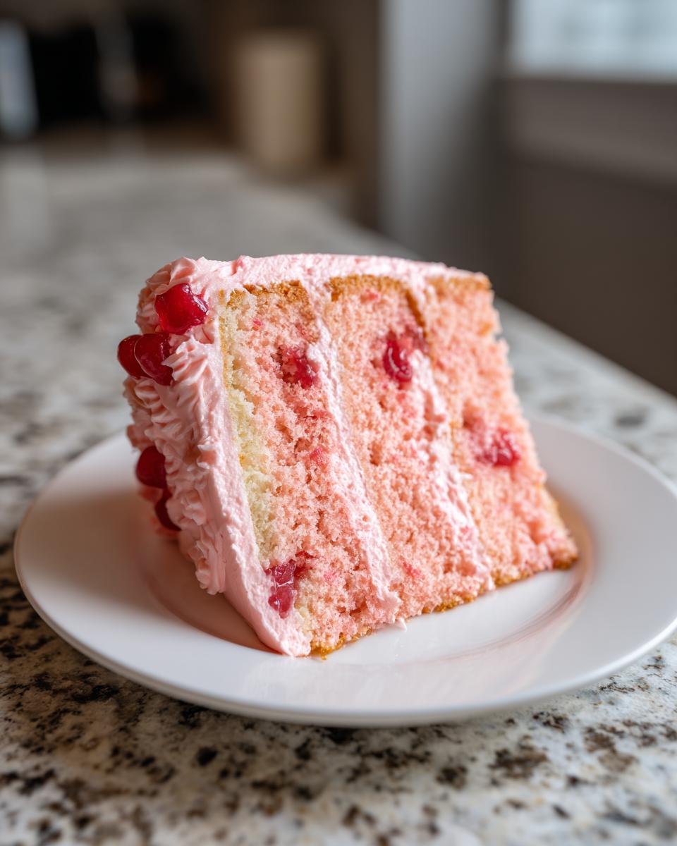 A tall, moist slice of pink layered cherry cake with pink frosting and visible cherry pieces, served on a white plate.