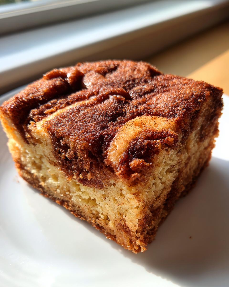 A close-up, sunlit square of snickerdoodle blondies featuring a rich cinnamon swirl topping.