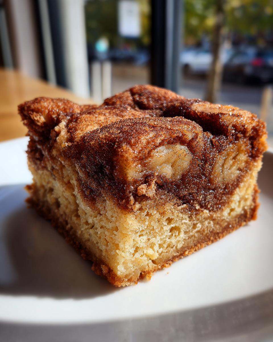 A close-up of a thick, chewy snickerdoodle blondies square topped with a rich cinnamon-sugar swirl, sitting on a white plate.