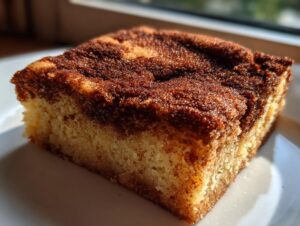 A close-up, sunlit square of a chewy snickerdoodle blondies bar with a rich cinnamon-sugar swirl top.