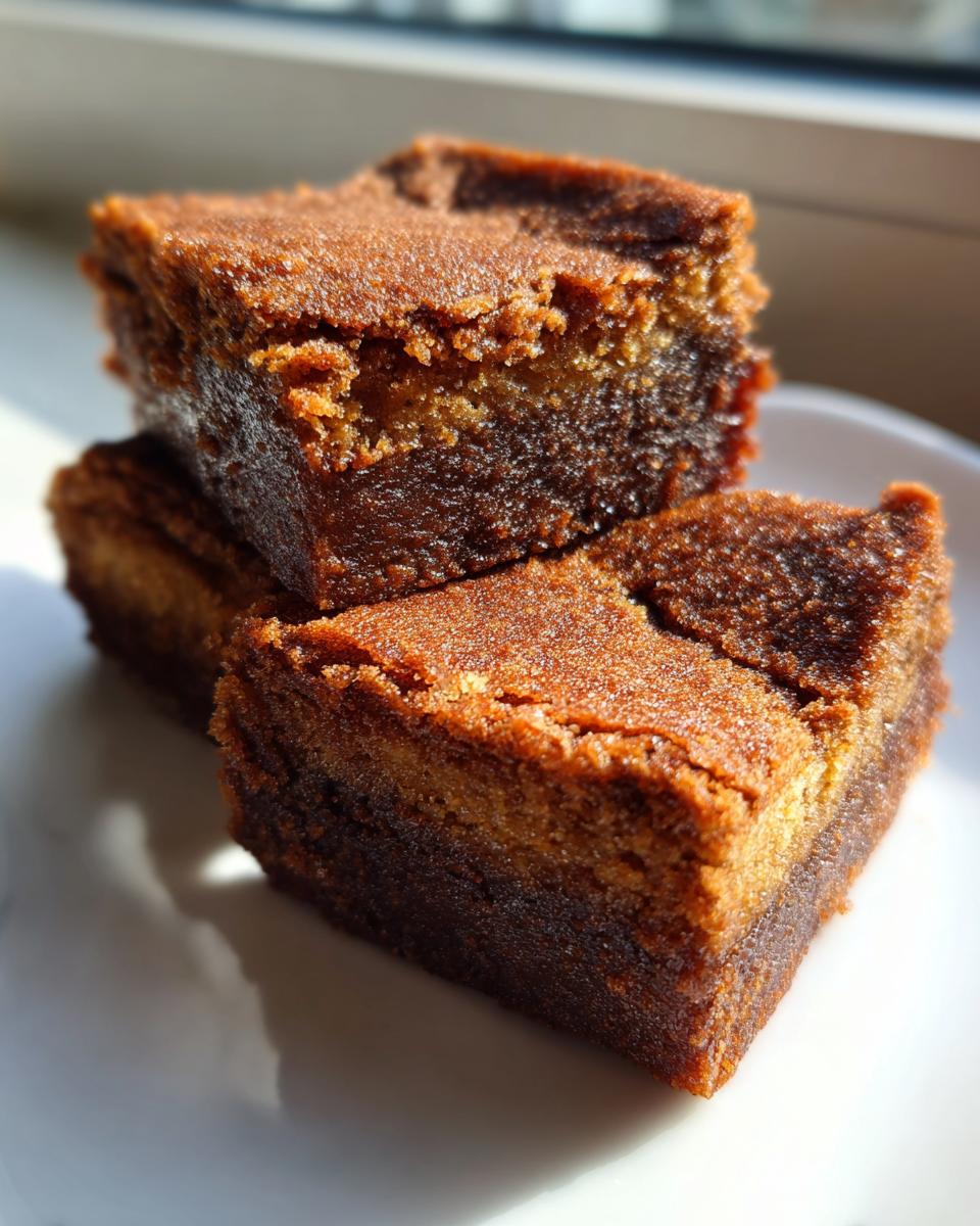 Three rich, chewy snickerdoodle blondies stacked on a white plate, catching bright sunlight.