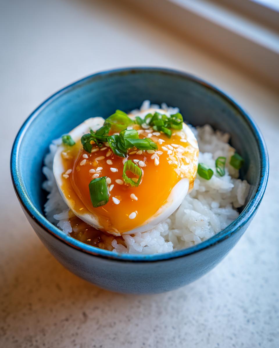 A halved marinated eggs with a runny yolk served over white rice, topped with sesame seeds and green onions.