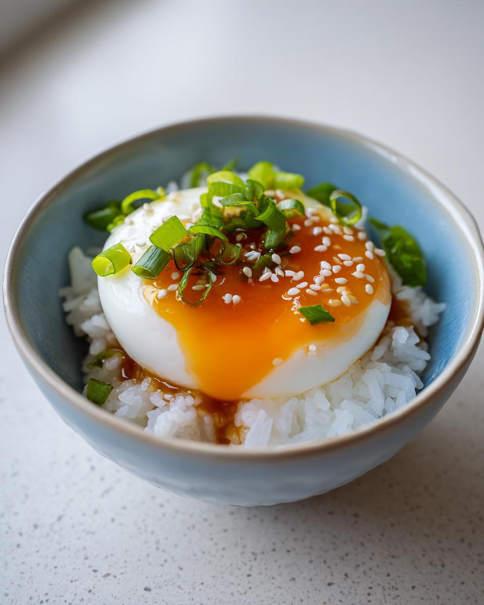Close-up of a soft-boiled egg served over white rice, topped with sauce, sesame seeds, and green onions, resembling marinated eggs.