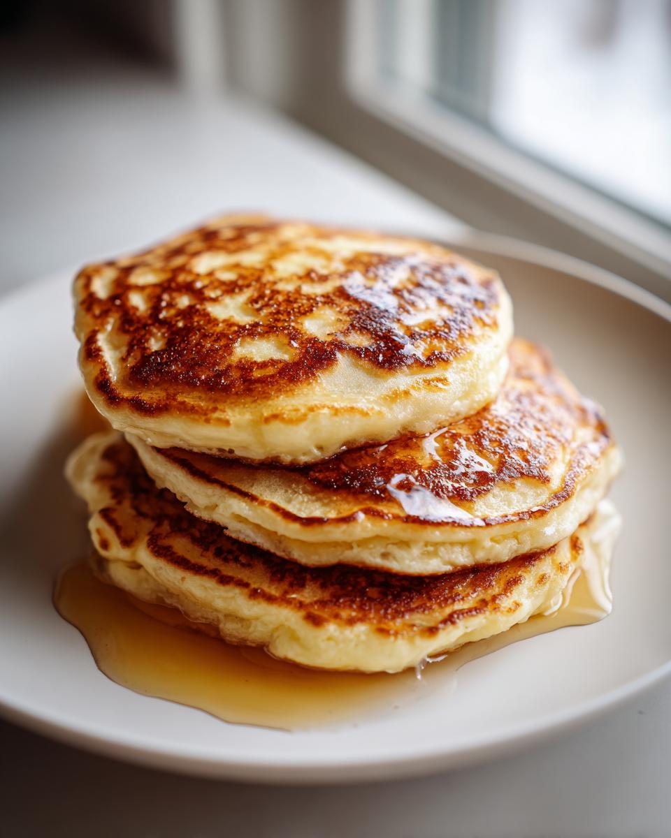 A stack of three golden-brown sourdough discard pancakes drizzled with syrup on a white plate.