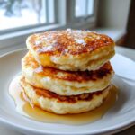 A stack of three fluffy sourdough discard pancakes drizzled with maple syrup and dusted with powdered sugar.