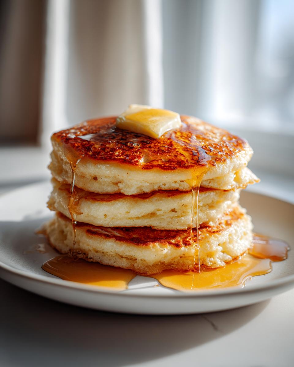 A stack of three fluffy sourdough discard pancakes topped with melting butter and drizzled with syrup.