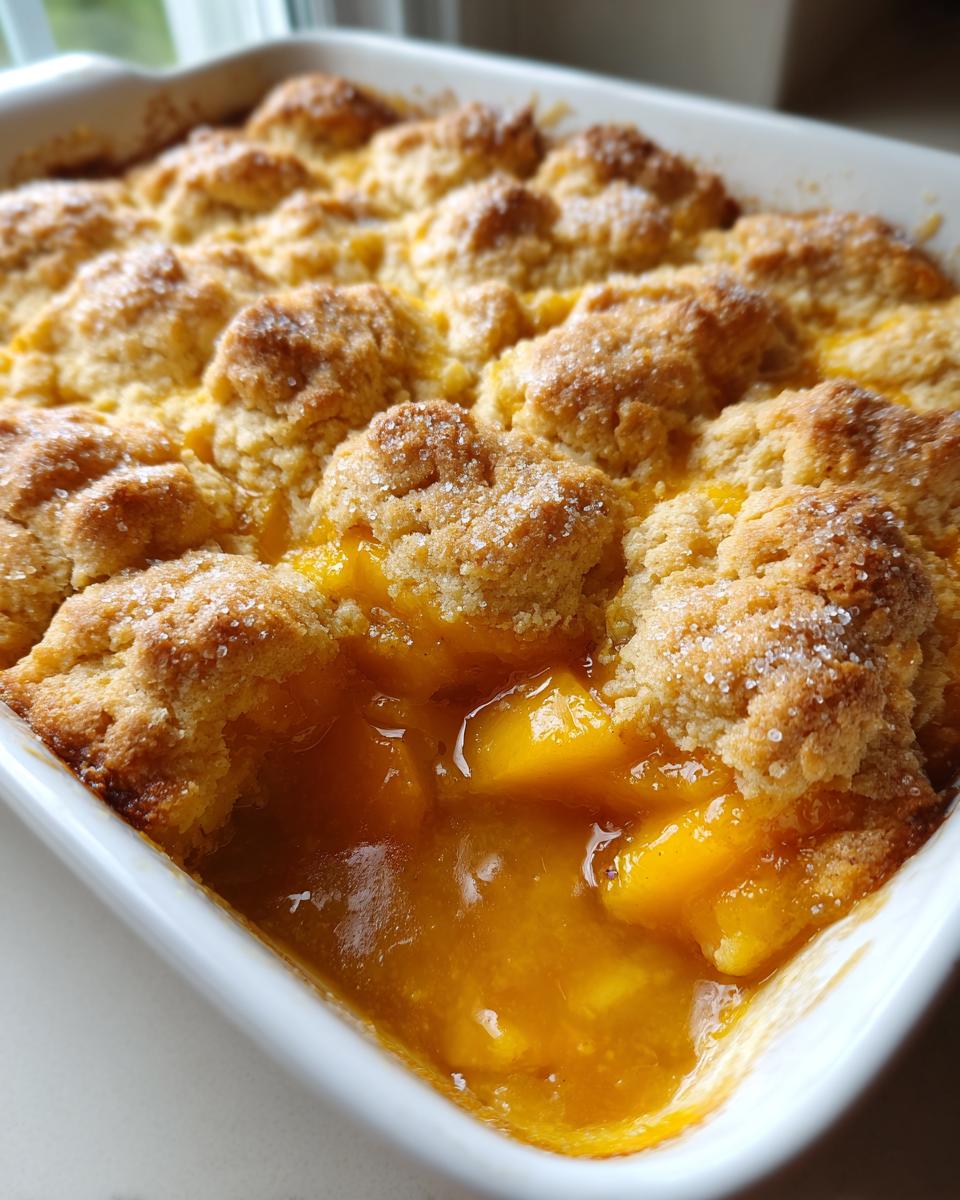 Close-up of a bubbling southern peach cobbler with golden, sugared topping and visible, juicy peach filling.