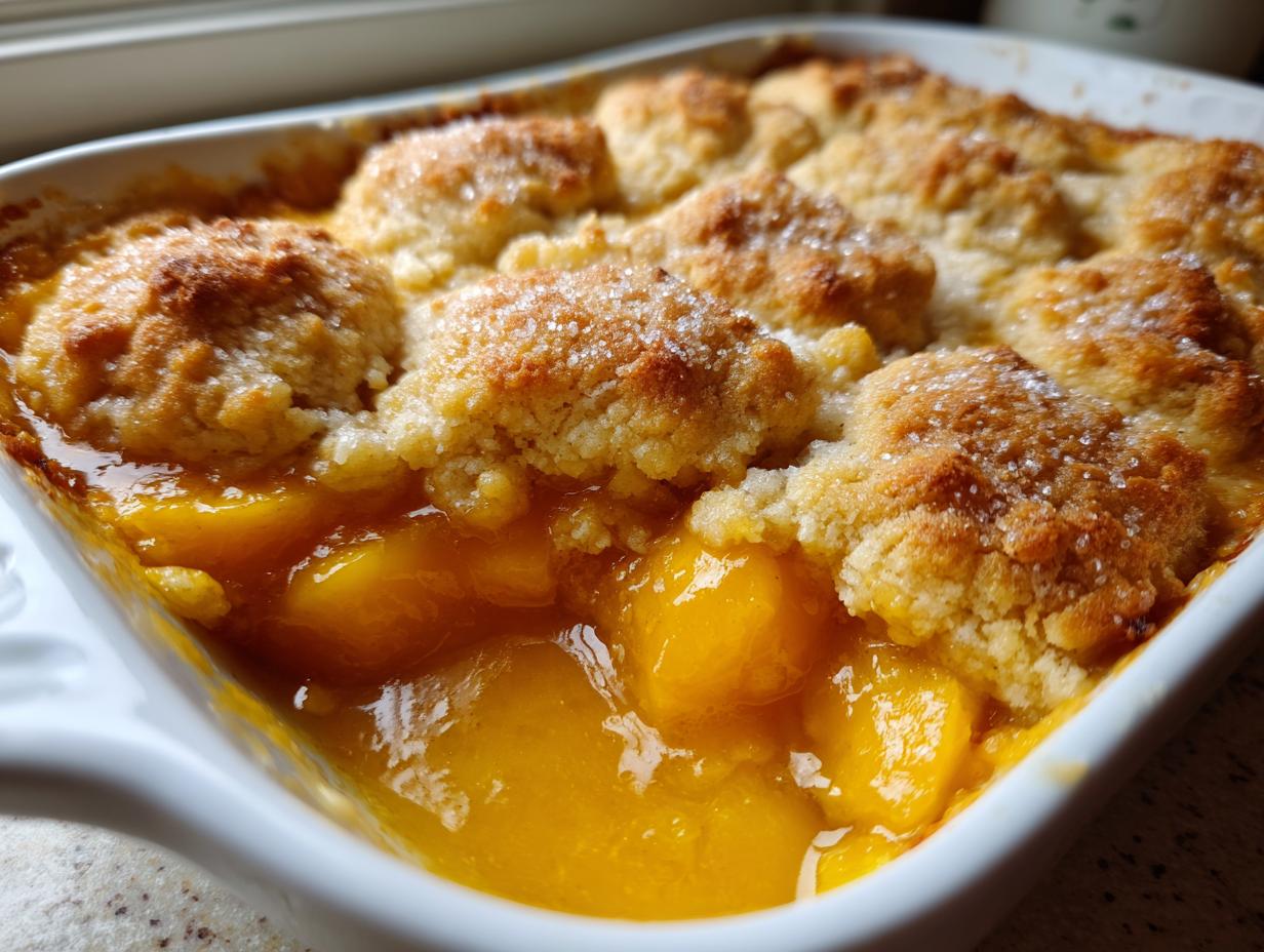 Close-up of a bubbling southern peach cobbler with a golden, sugared biscuit topping in a white baking dish.