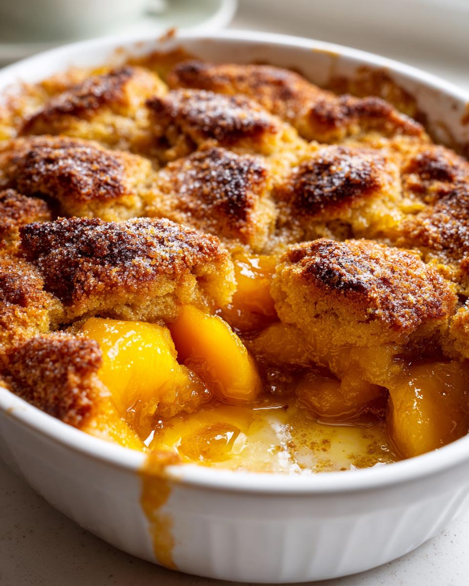 Close-up of bubbling, baked southern peach cobbler with a golden, sugared topping in a white baking dish.