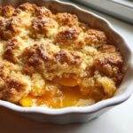 Close-up of a freshly baked southern peach cobbler in a white dish, showing bubbling fruit filling and golden, sugared topping.