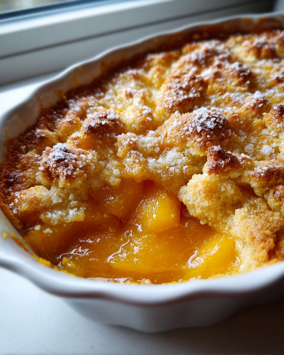 Close-up of bubbling, sweet peach filling beneath a golden, crumbly topping of southern peach cobbler.