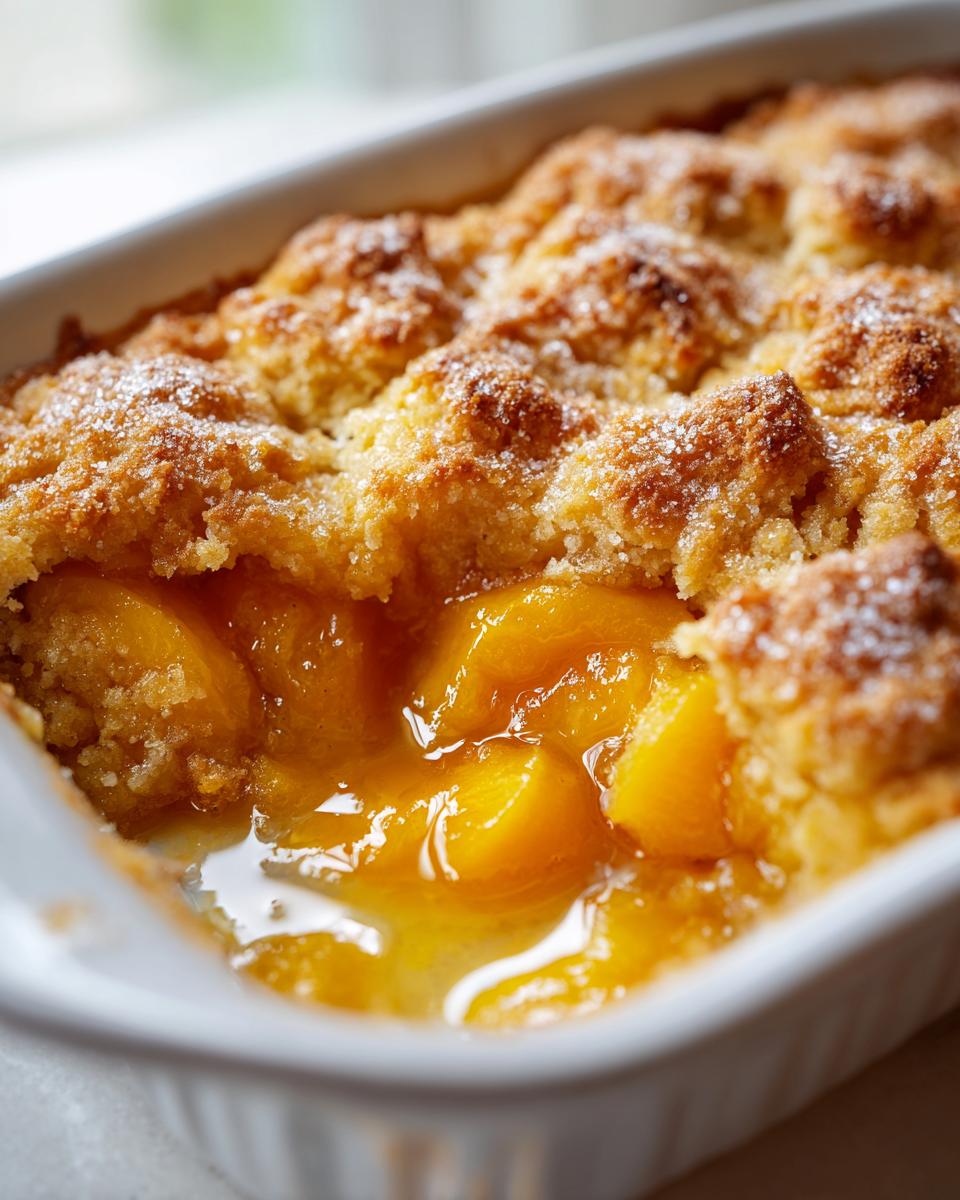 A close-up view showing the bubbling, syrupy filling of a freshly baked southern peach cobbler with a golden, sugared topping.