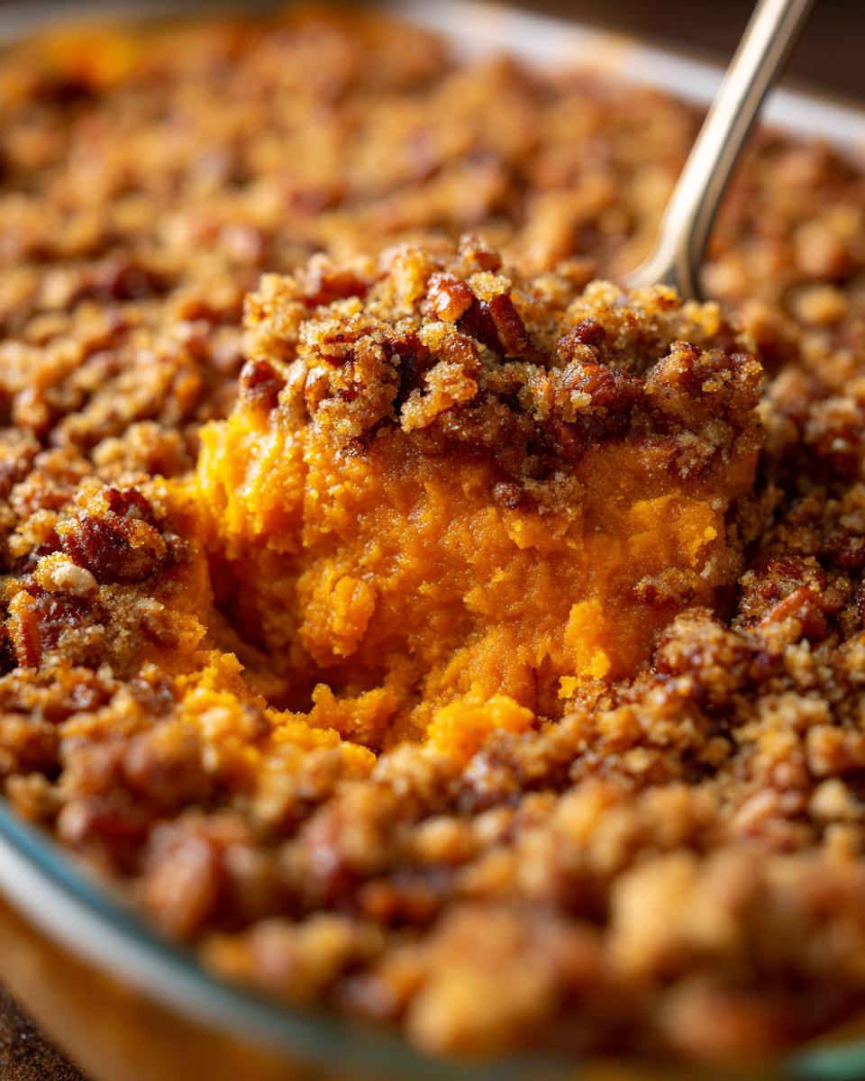 A close-up view of a spoon scooping out a portion of rich, orange southern sweet potato casserole topped with a crunchy brown sugar and pecan crumble.
