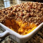 Close-up of a scoop taken out of a rich orange southern sweet potato casserole topped with a crunchy pecan streusel.