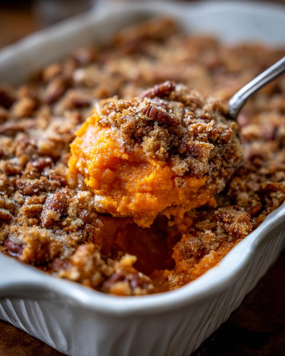 A spoonful of bright orange southern sweet potato casserole being lifted from a white baking dish, showing the crunchy pecan topping.