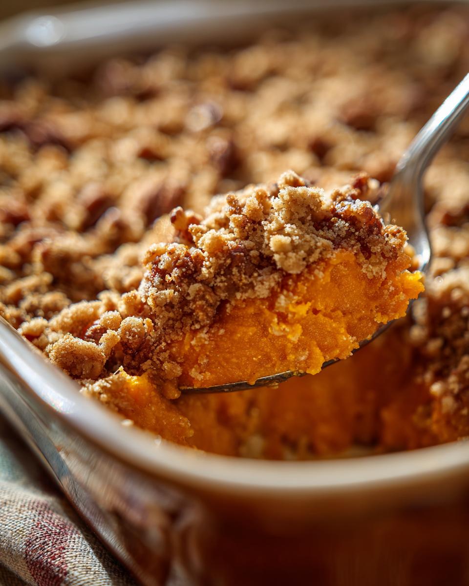 A spoonful of rich orange southern sweet potato casserole topped with a crunchy pecan streusel topping.