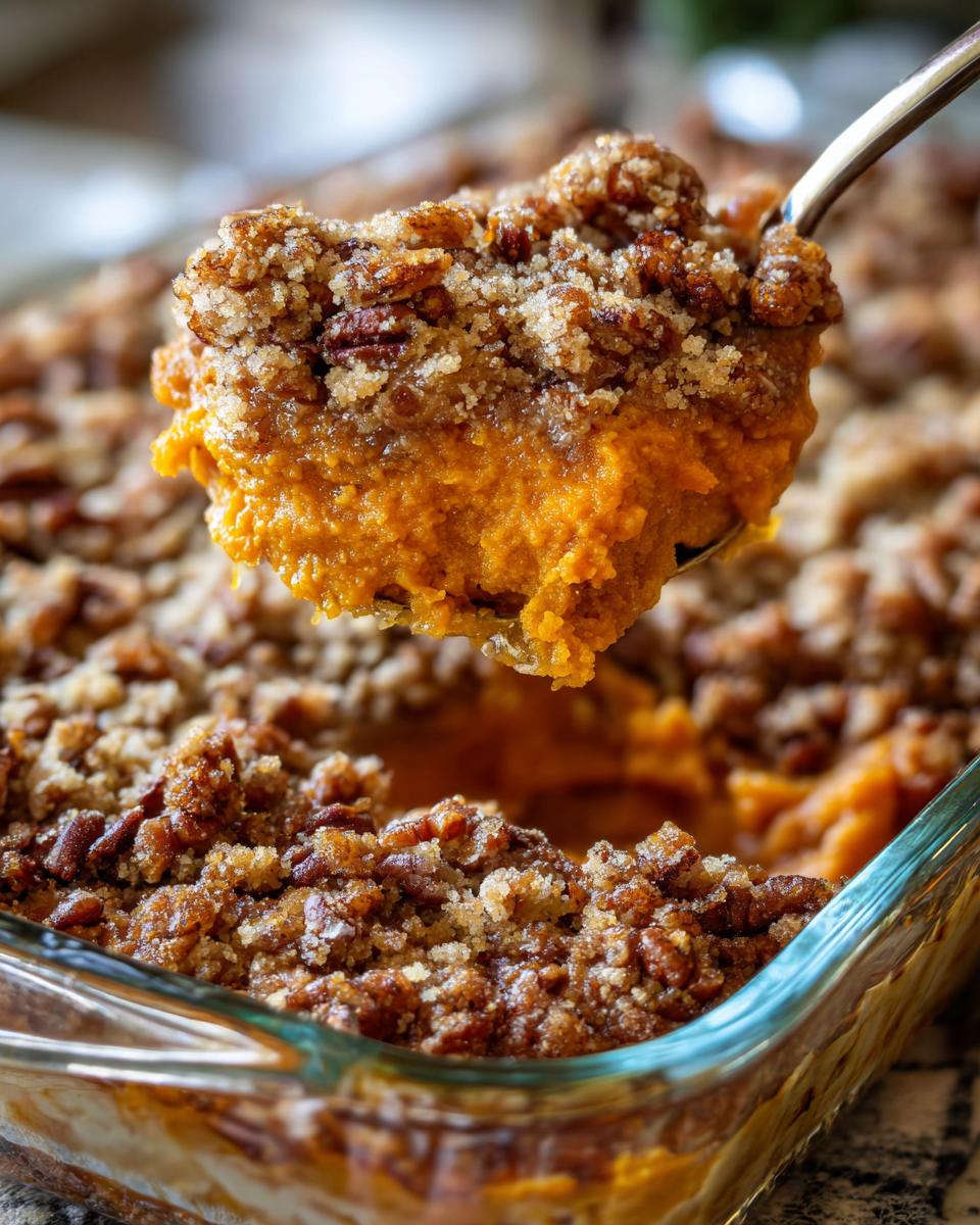 A spoonful of creamy orange southern sweet potato casserole topped with a crunchy pecan crumble.