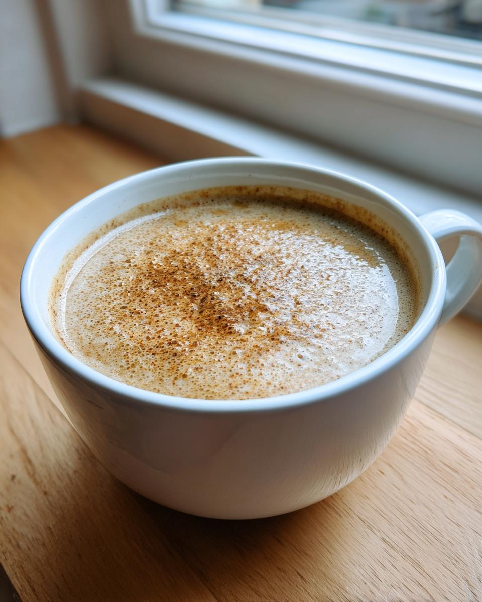 A comforting mug of coffee or spiced drink, possibly served with roasted cauliflower soup.