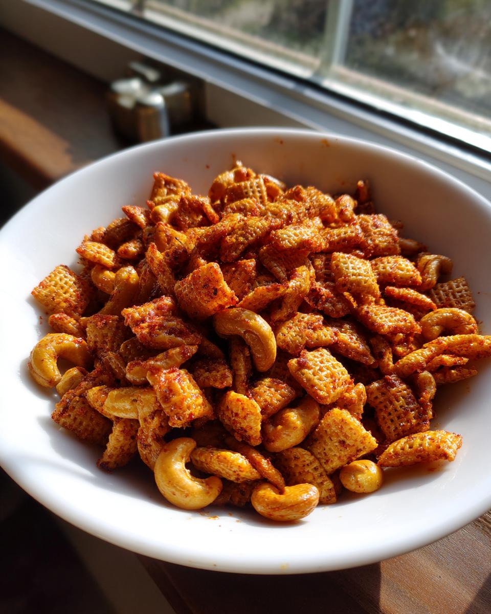 A white bowl filled with seasoned, spicy chex party mix, featuring square cereal pieces and whole cashews, illuminated by sunlight.