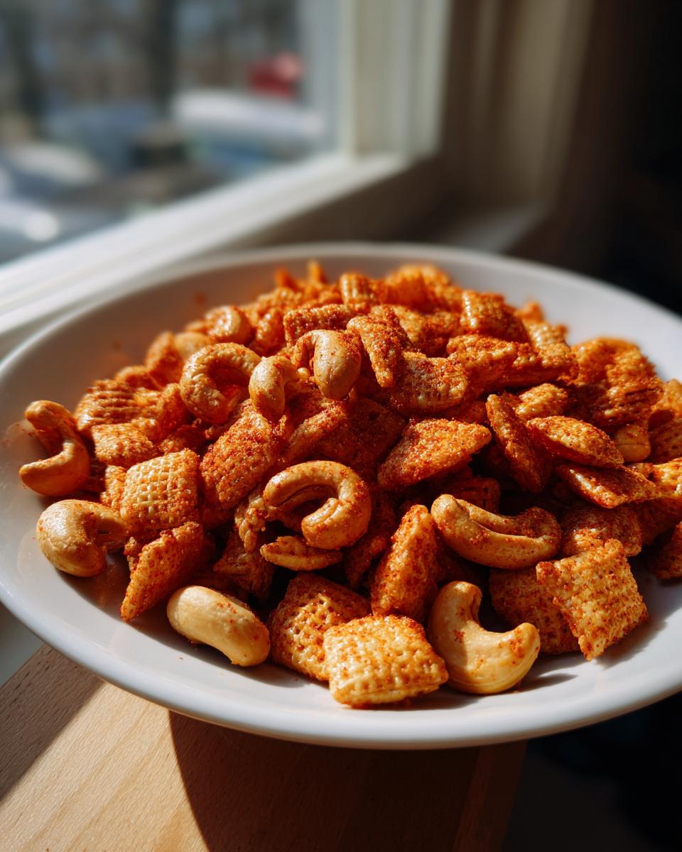 A close-up of seasoned chex party mix mixed with whole cashews served in a white bowl.